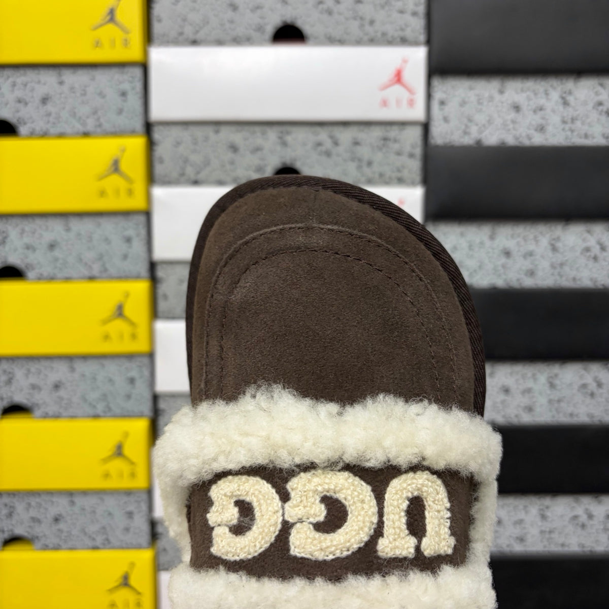 UGG Chocolate Brown Embroidered Mule Slippers with Cream Plush Trim