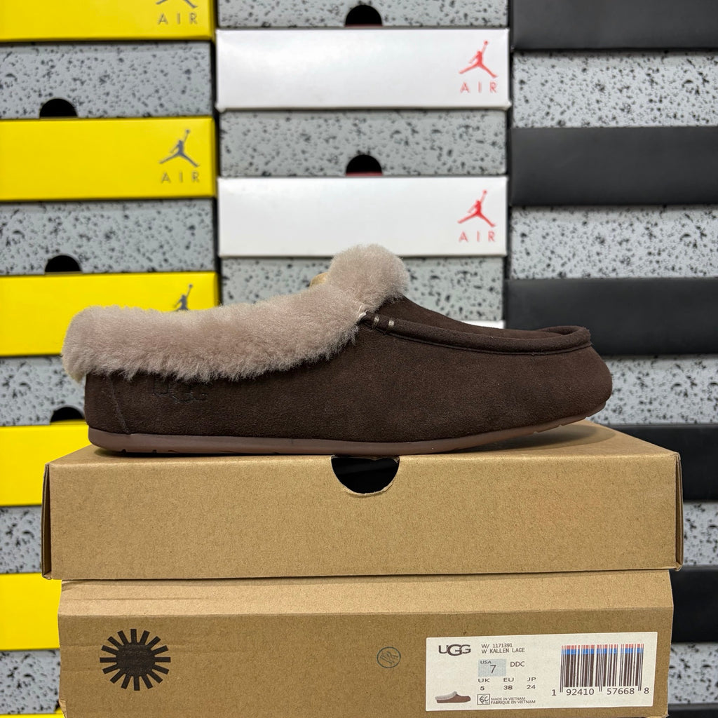 UGG Cocoa Brown Moccasin Slippers with Taupe Plush Collar