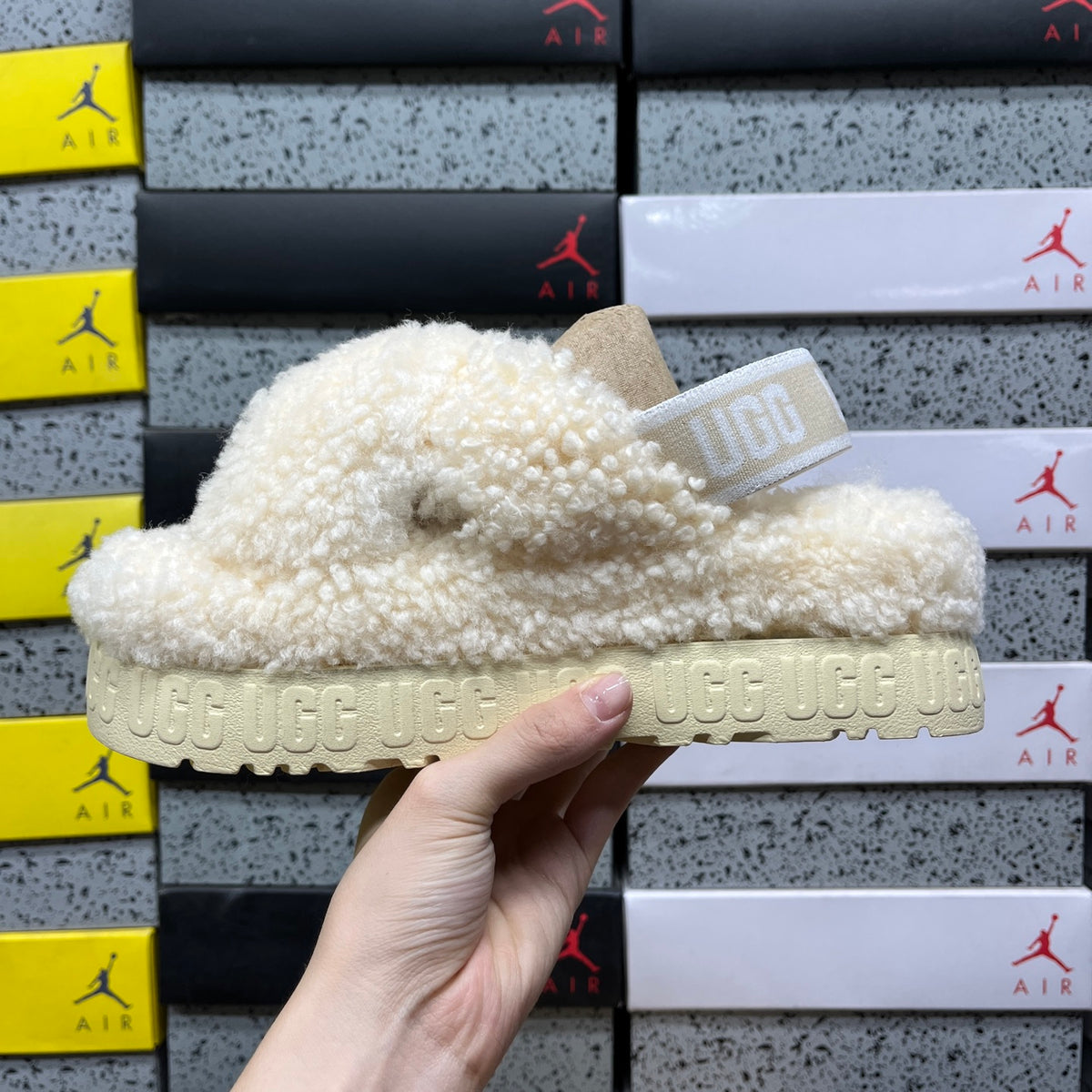 UGG Cream Beige Plush Cross-Strap Platform Sandals
