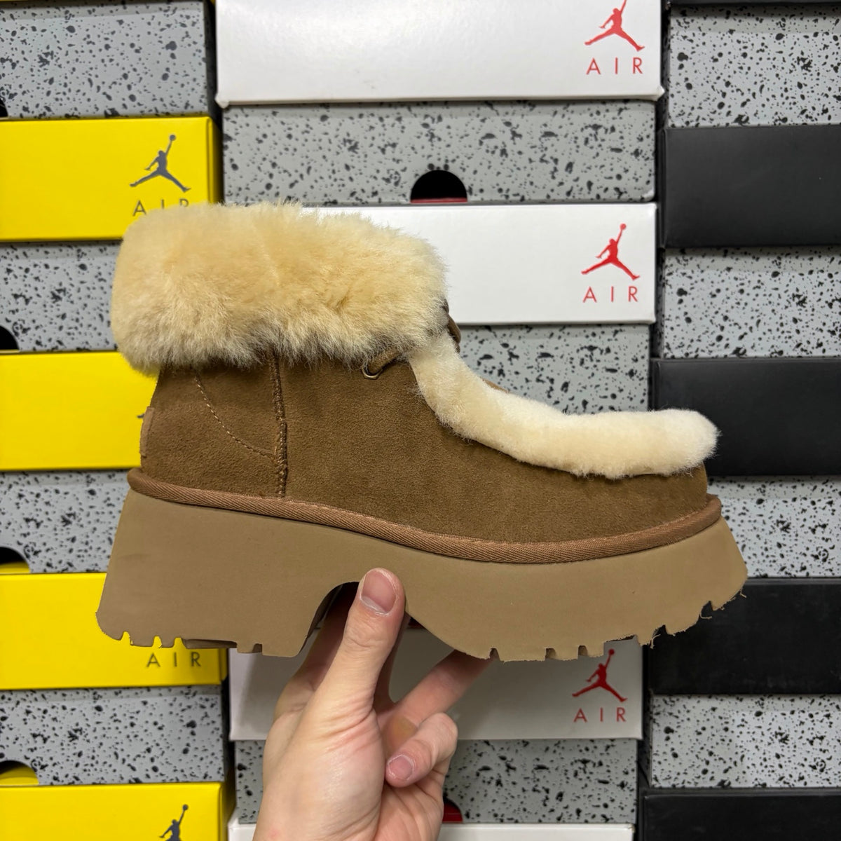 UGG Chestnut Lace-Up Platform Ankle Boots with Cream Plush Trim