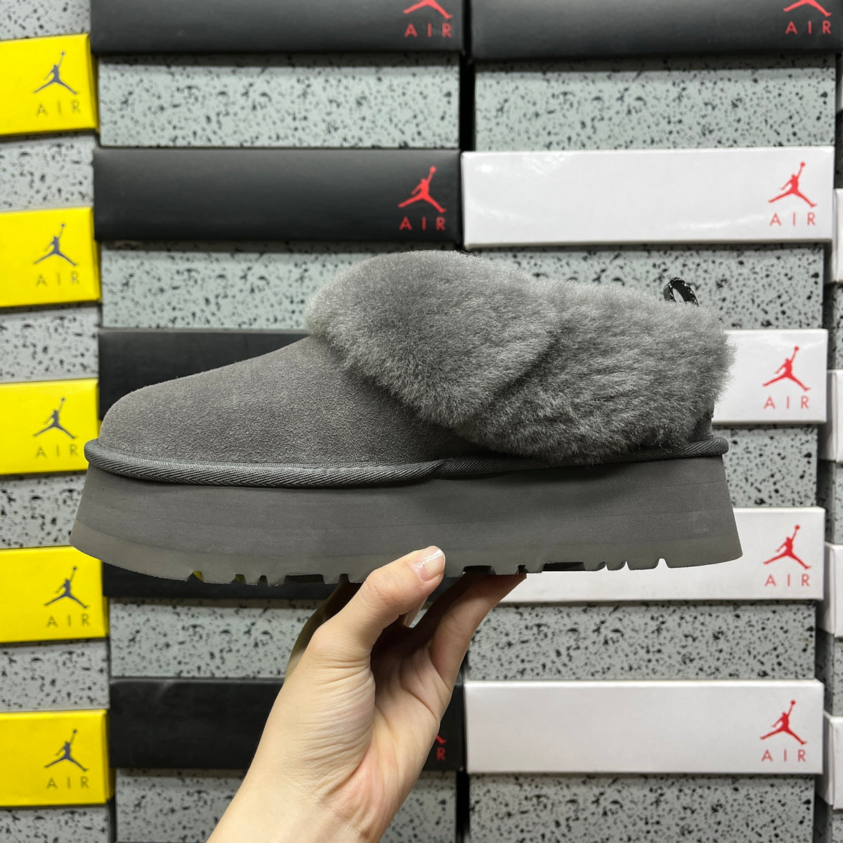 UGG Gray Tazzelle Platform Slippers with Plush Collar