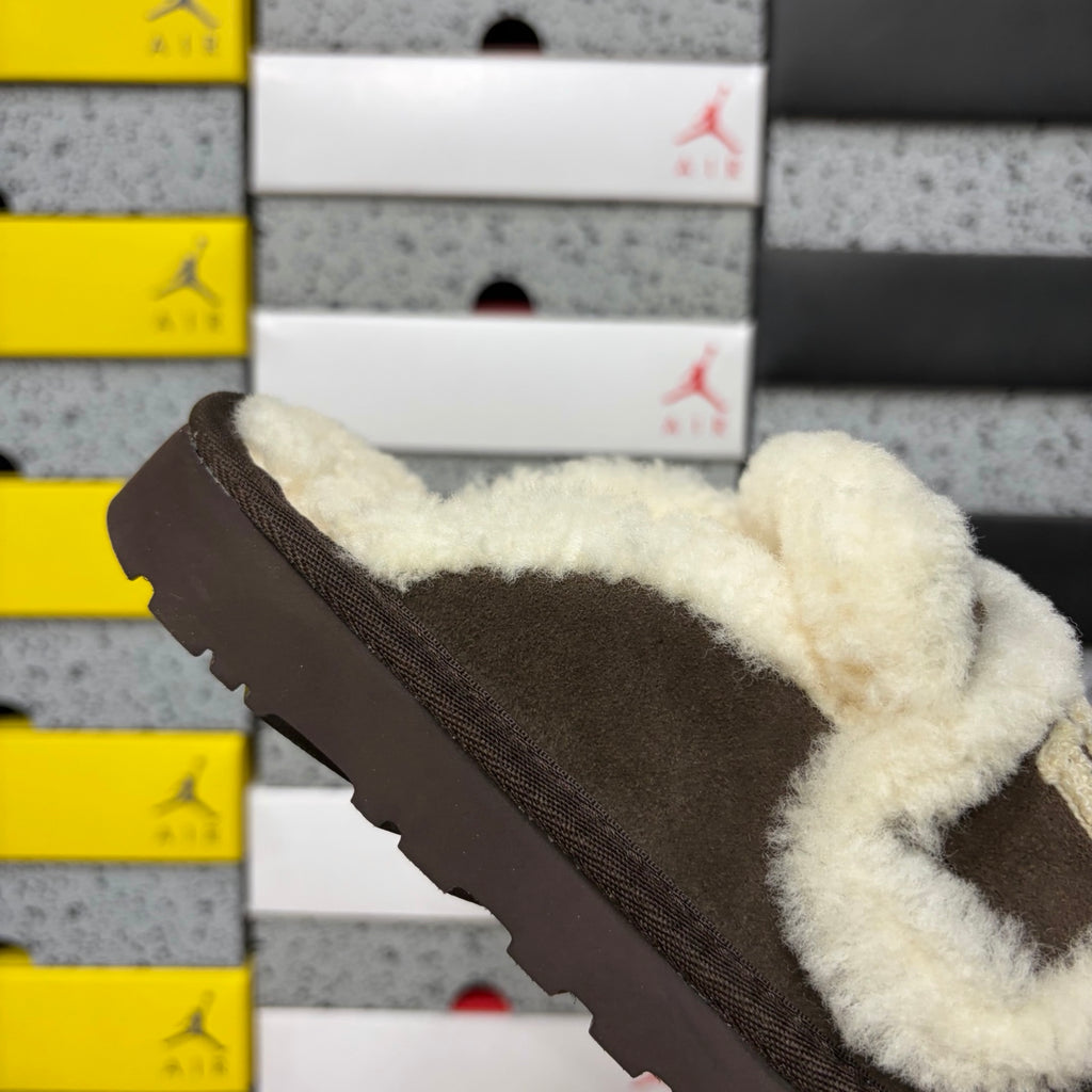 UGG Chocolate Brown Embroidered Mule Slippers with Cream Plush Trim