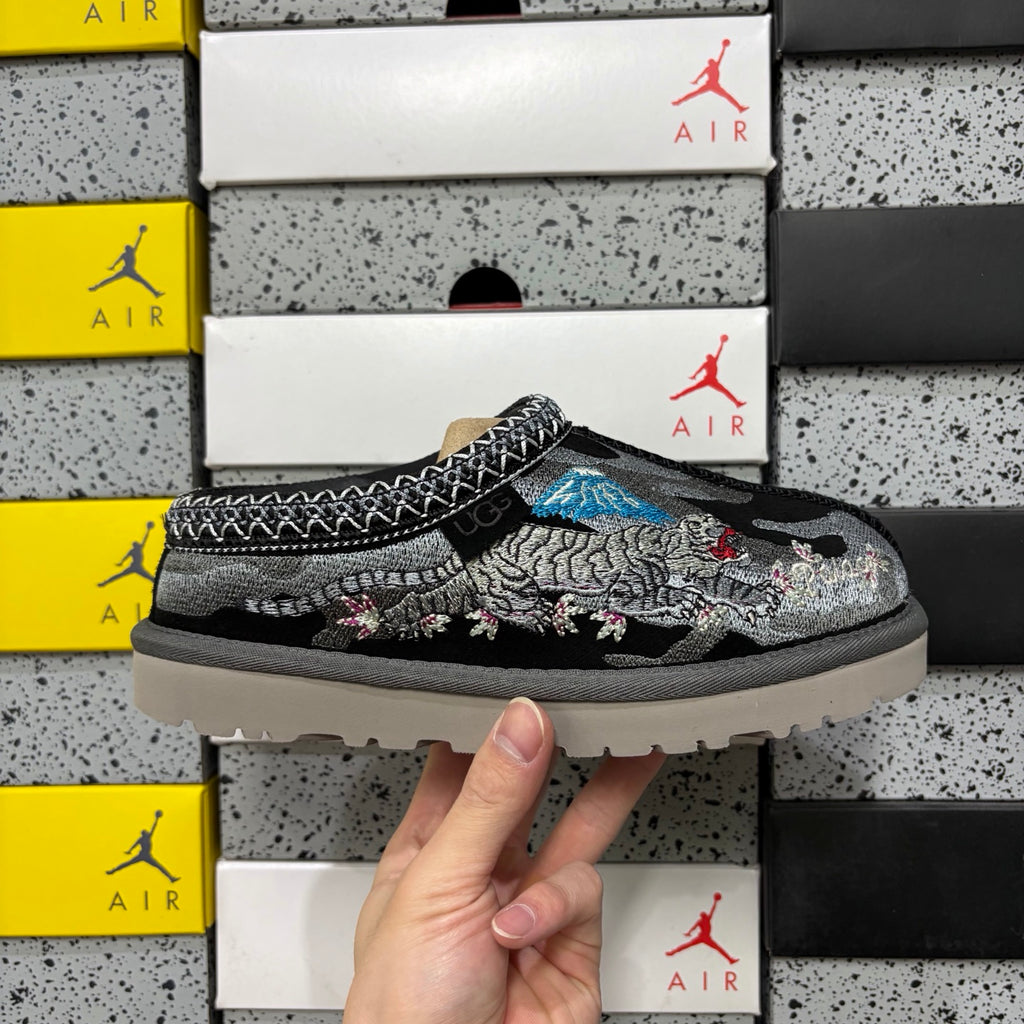 UGG Black Dragon & Tiger Embroidered Slip-On Shoes with Braided Trim