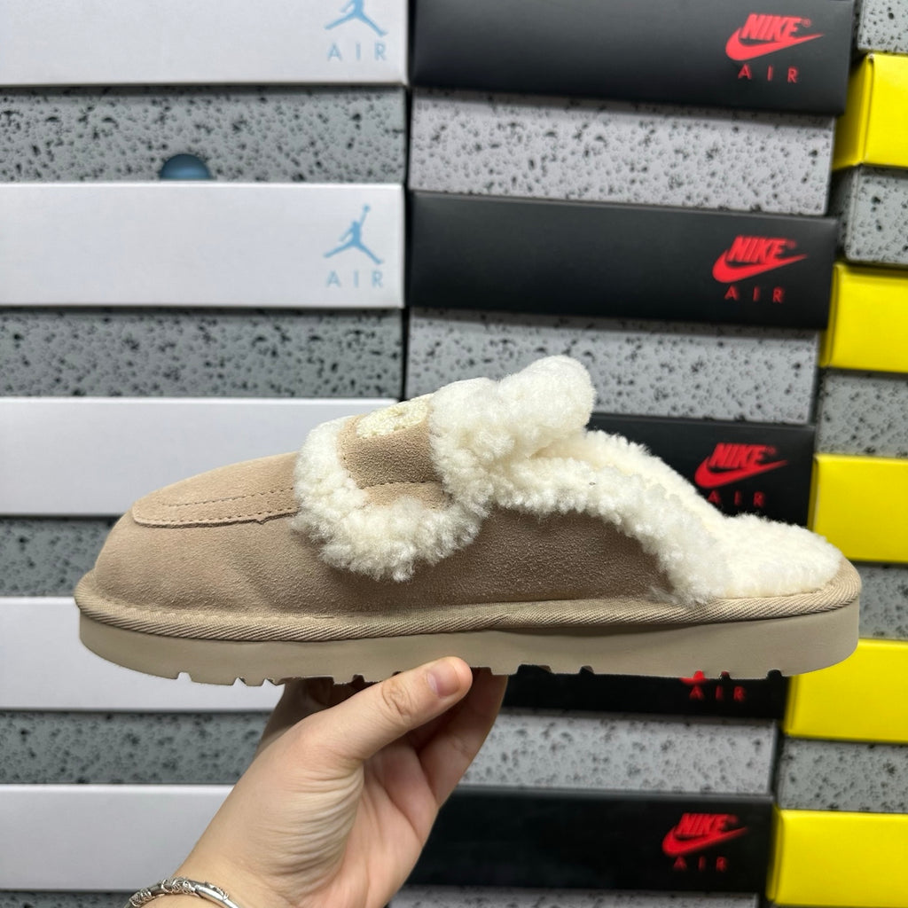 UGG Khaki Embroidered Mule Slippers with Cream Plush Trim