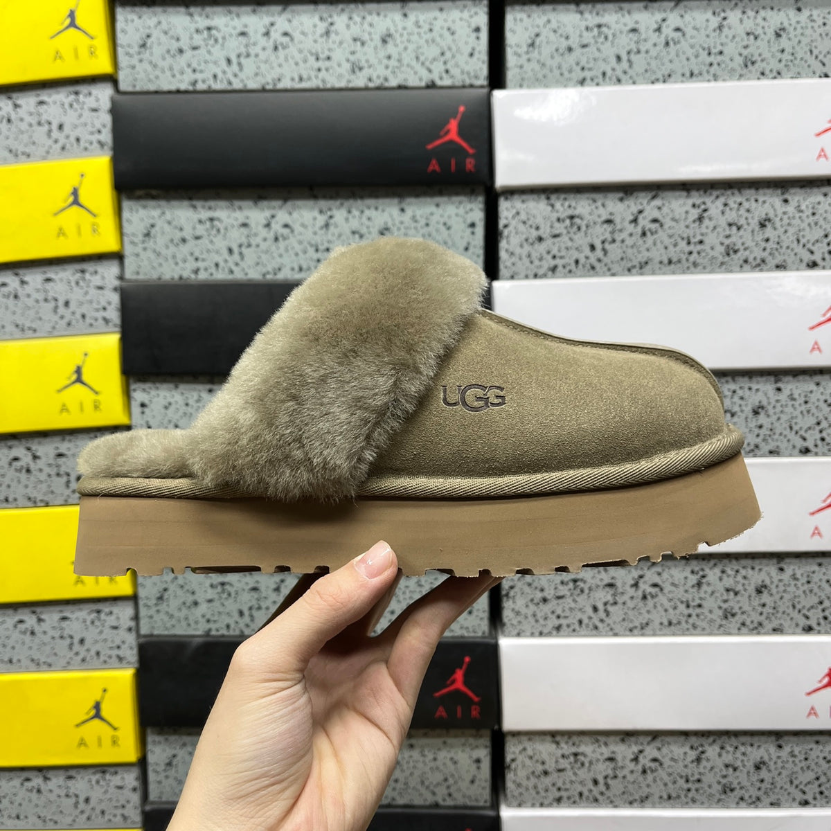 UGG Antelope Brown Platform Slippers with Plush Trim