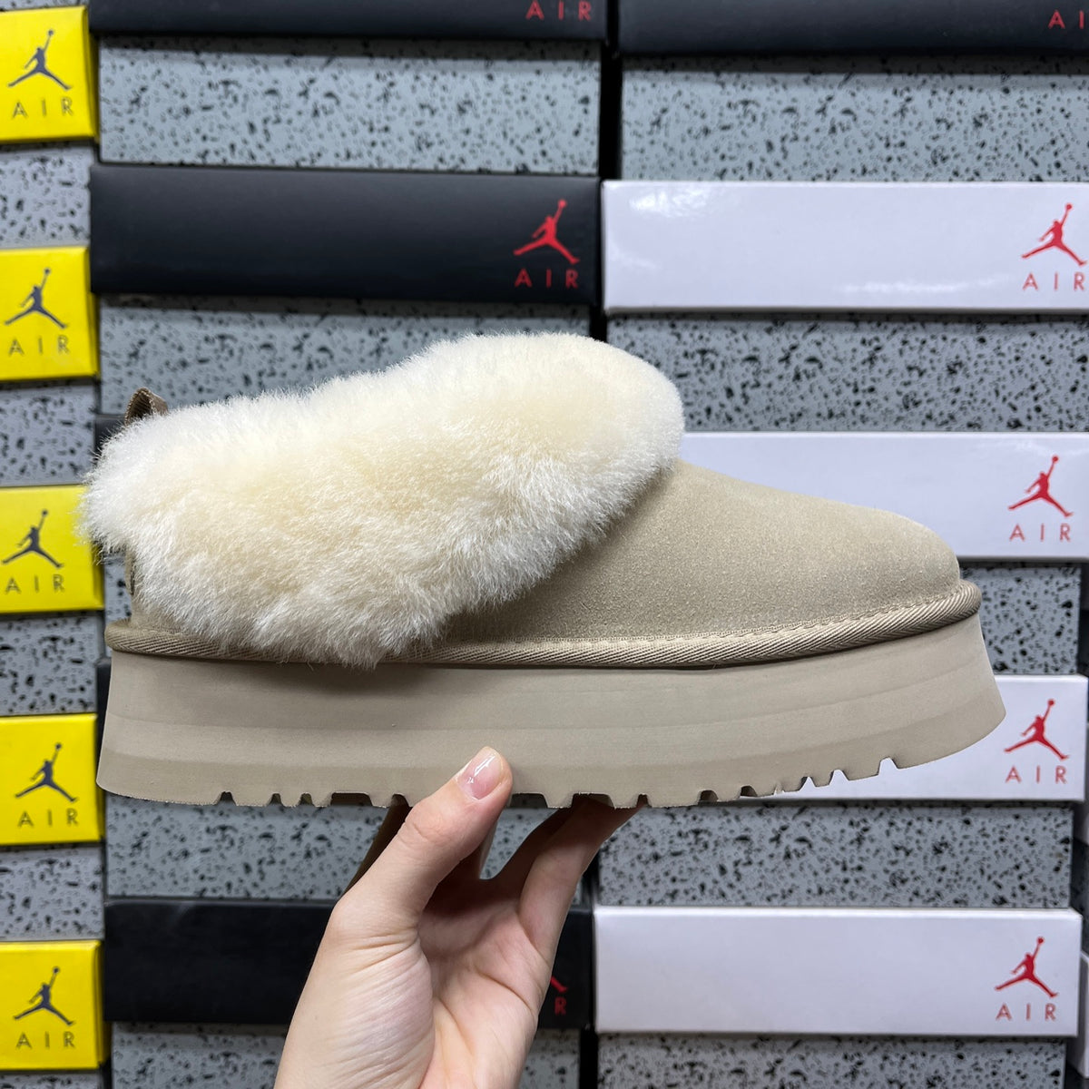 UGG Sand Tazzelle Platform Slippers with Cream Plush Collar