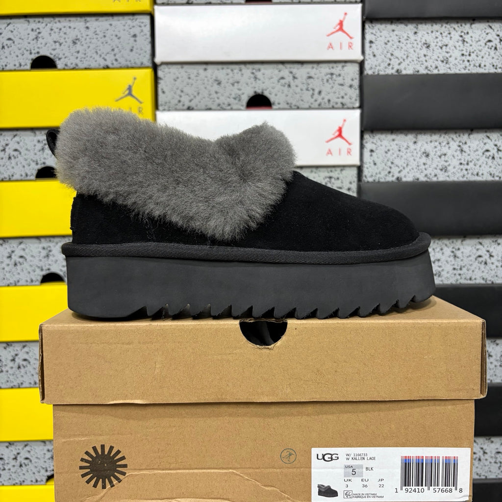 UGG Black Platform Slip-On Shoes with Gray Plush Collar