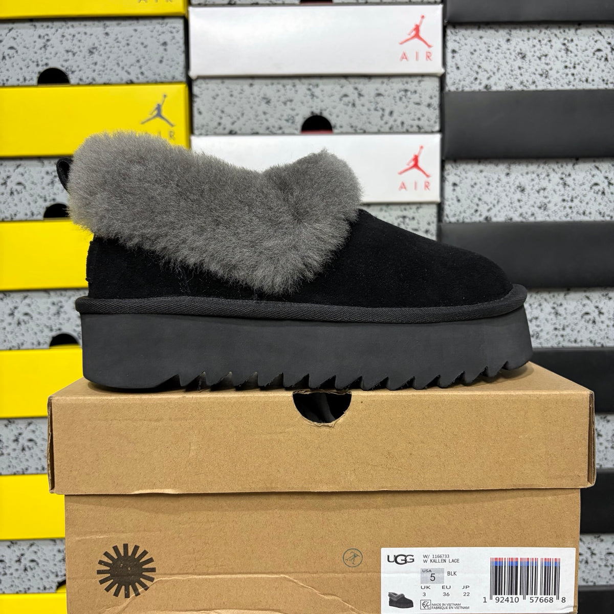 UGG Black Platform Slip-On Shoes with Gray Plush Collar