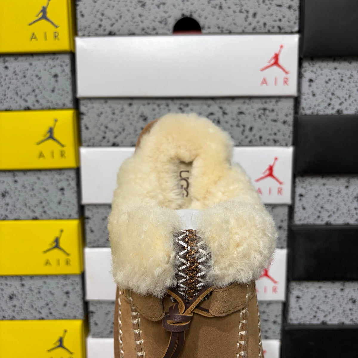 UGG Chestnut Platform Mule Slippers with Cream Plush Collar
