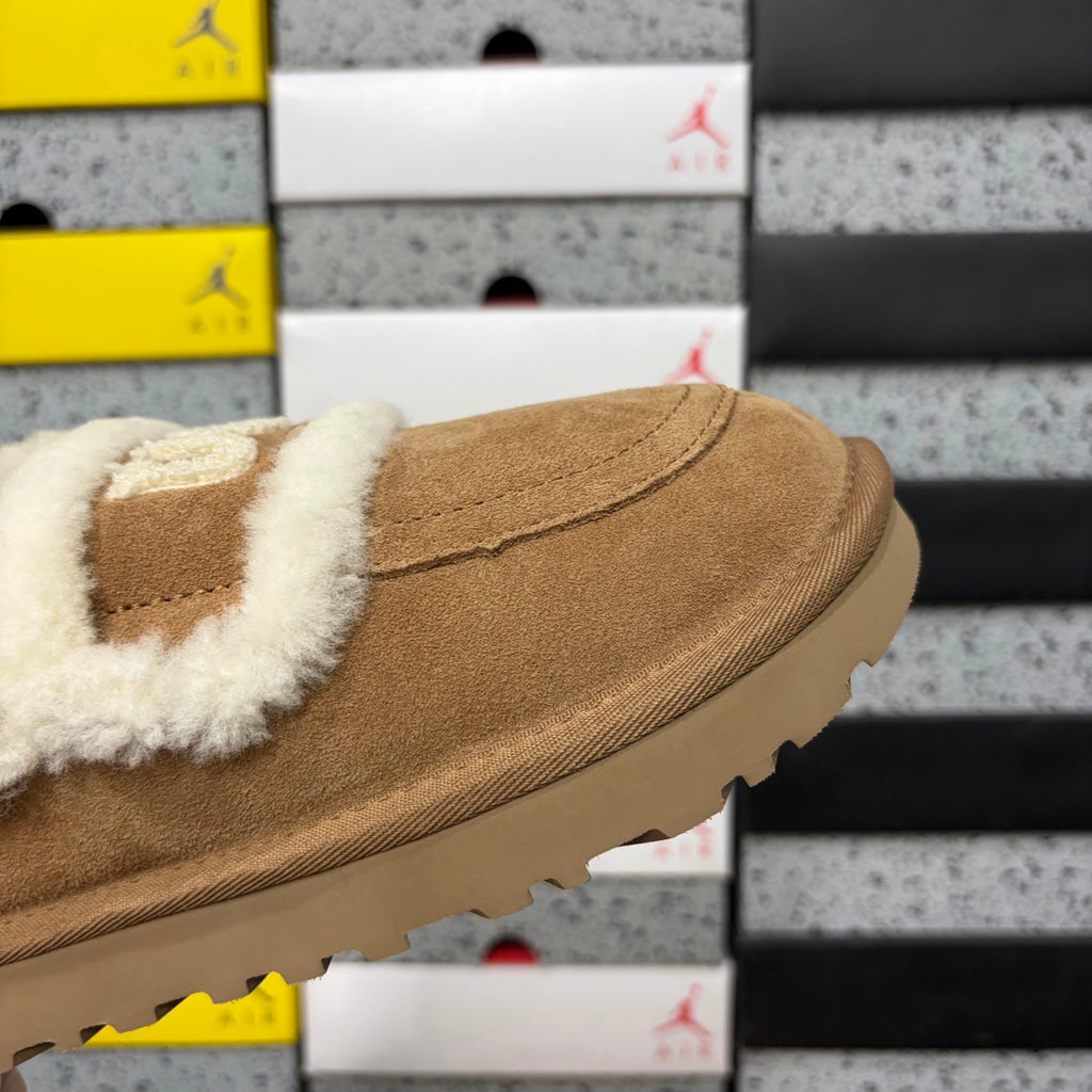 UGG Chestnut Embroidered Mule Slippers with Cream Plush Trim