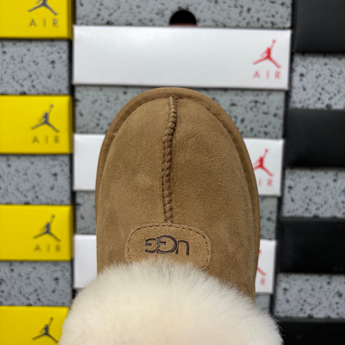 UGG Chestnut Open-Back Slippers with Cream Plush Trim