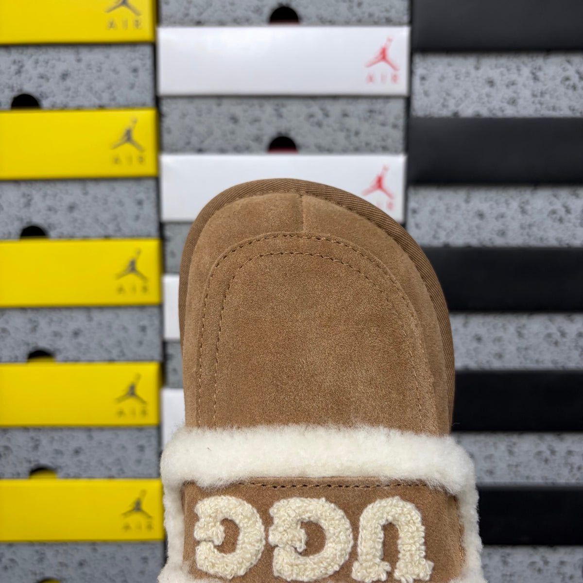 UGG Chestnut Embroidered Mule Slippers with Cream Plush Trim