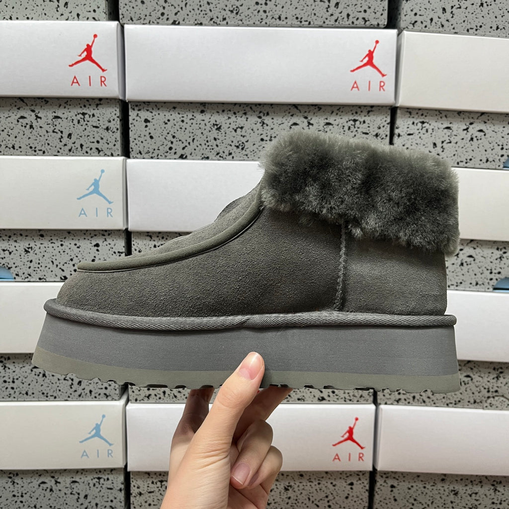 UGG Gray Platform Ankle Boots with Plush Collar and Front Zip