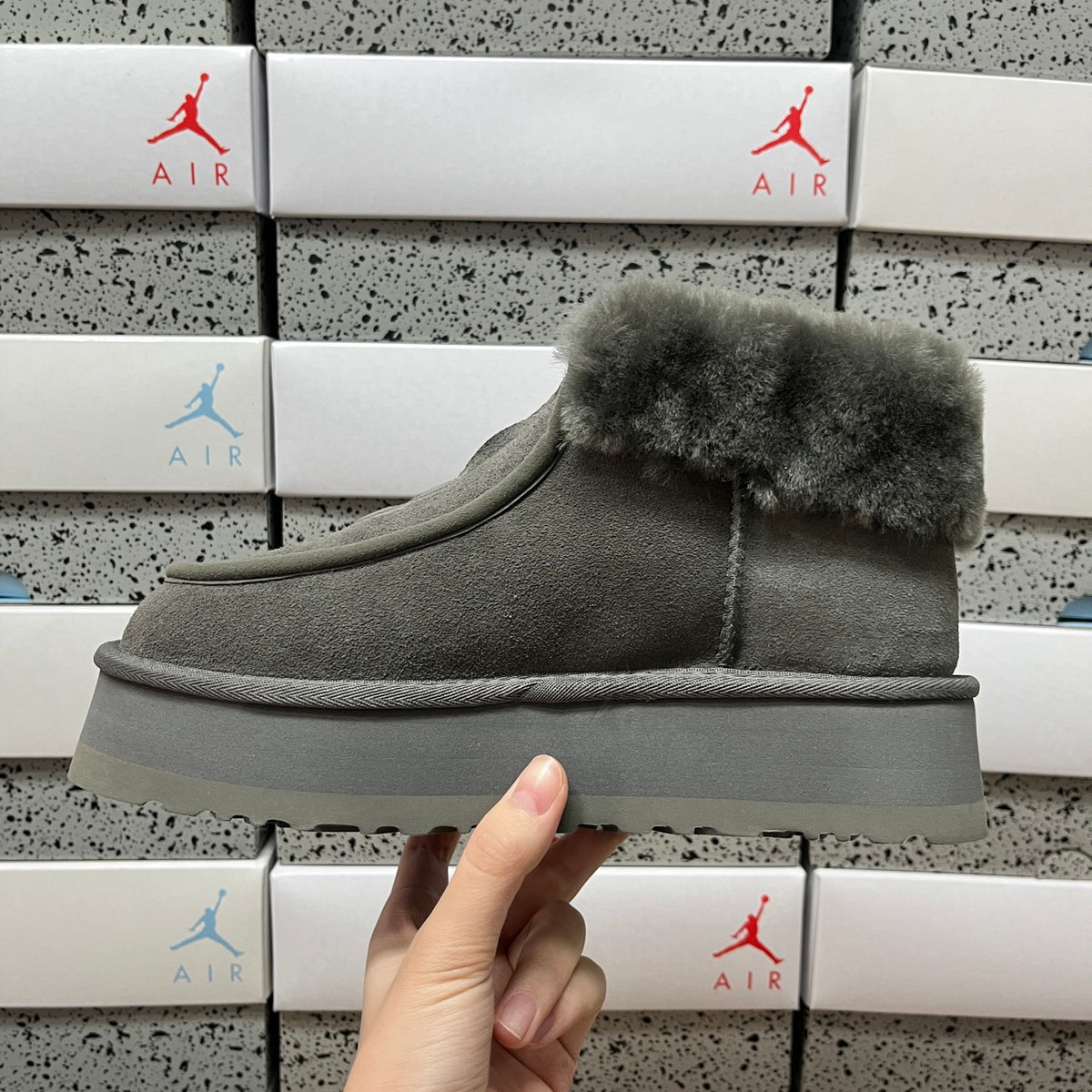 UGG Gray Platform Ankle Boots with Plush Collar and Front Zip