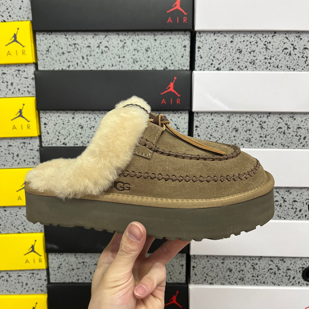 UGG Walnut Brown Platform Mule Slippers with Plush Collar