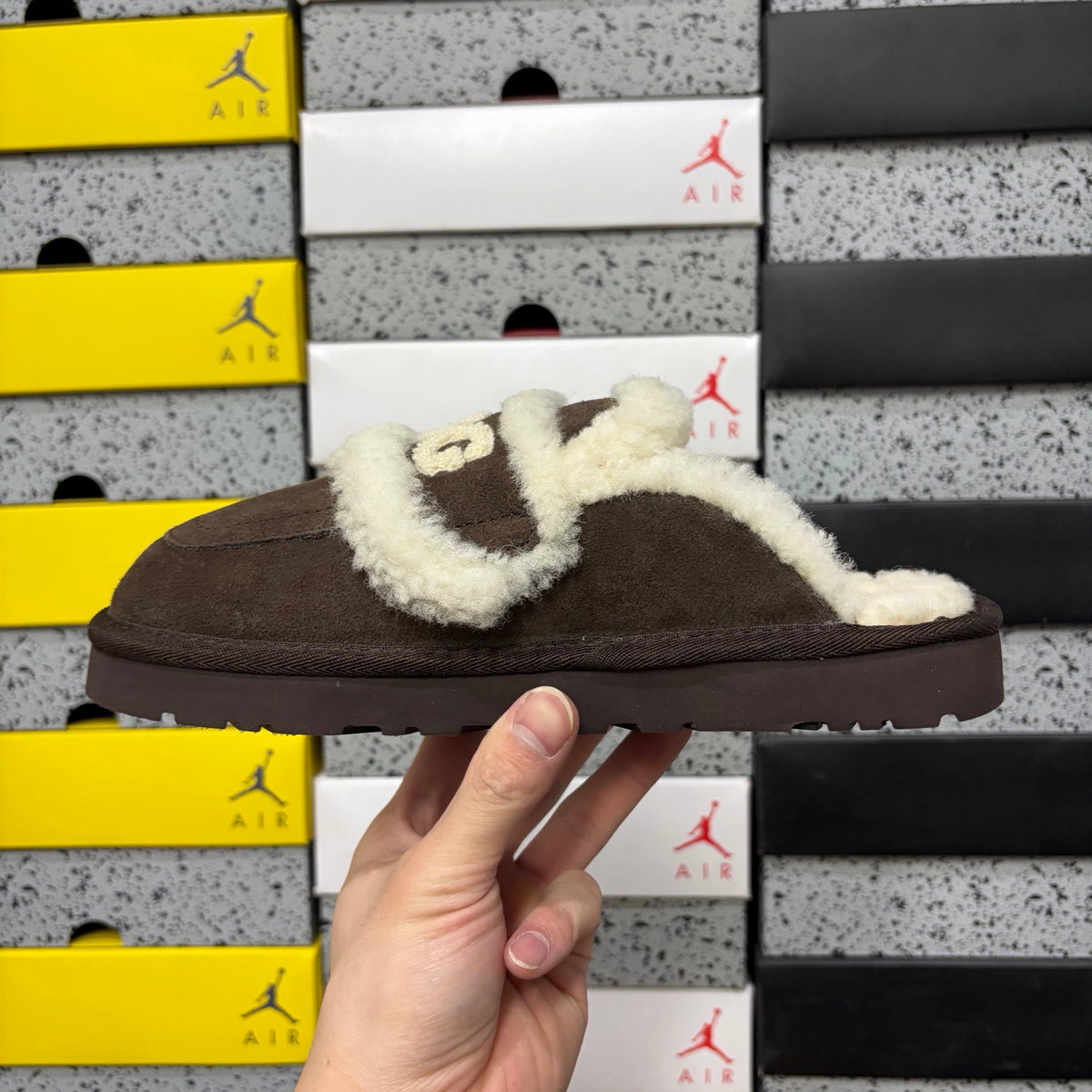 UGG Chocolate Brown Embroidered Mule Slippers with Cream Plush Trim