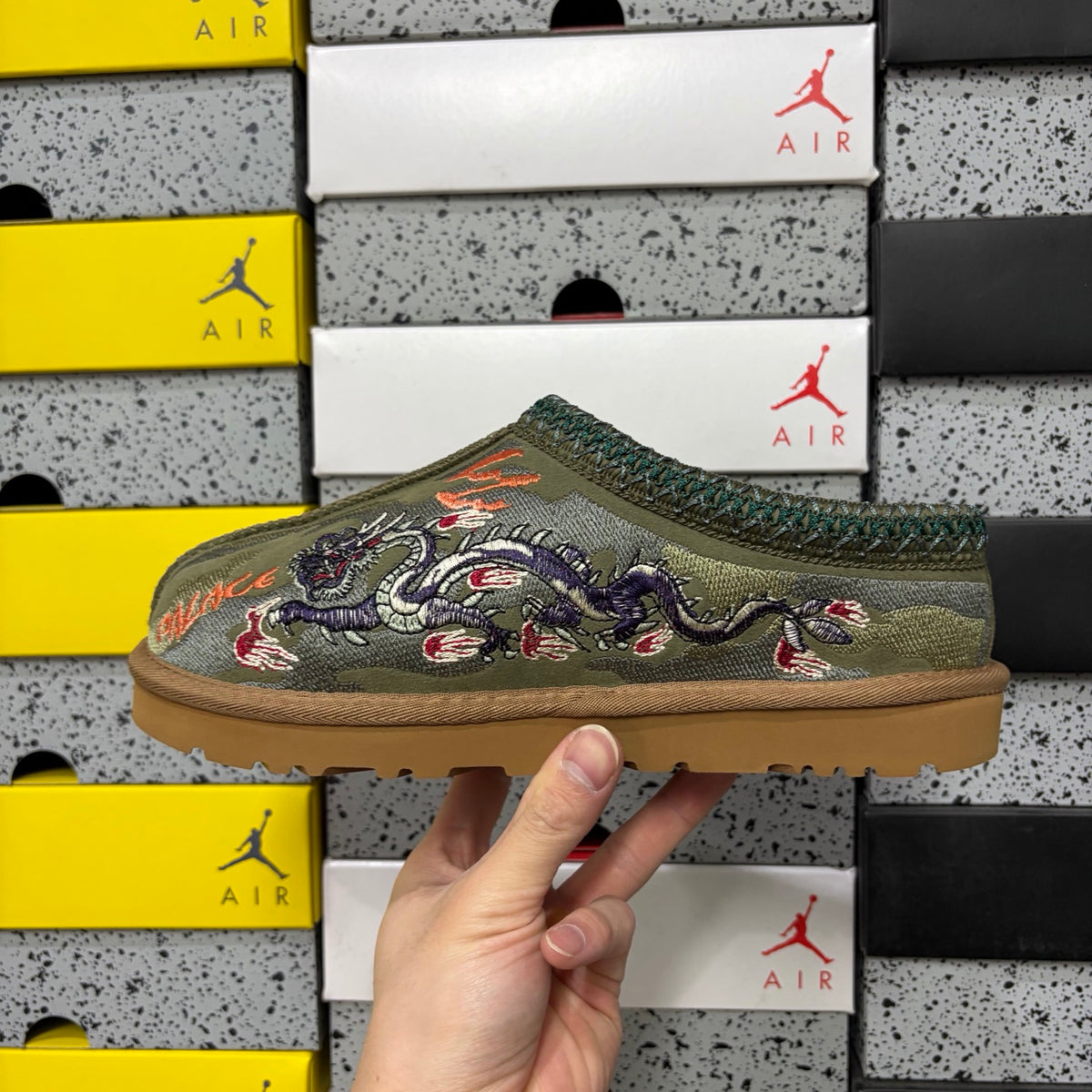 UGG Olive Green Dragon & Tiger Embroidered Slip-On Shoes with Braided Trim