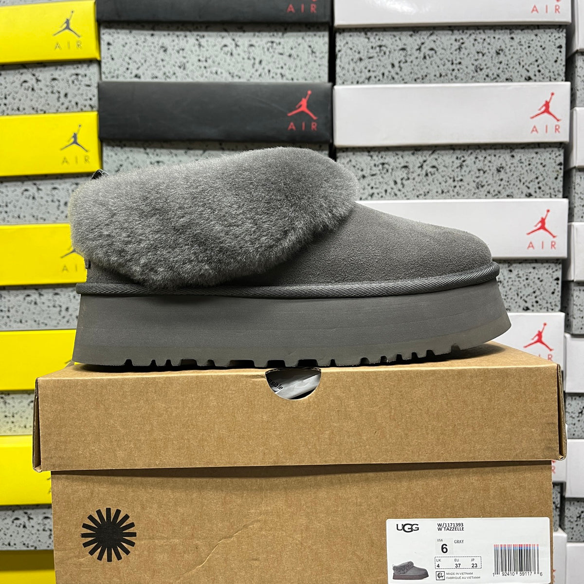 UGG Gray Tazzelle Platform Slippers with Plush Collar