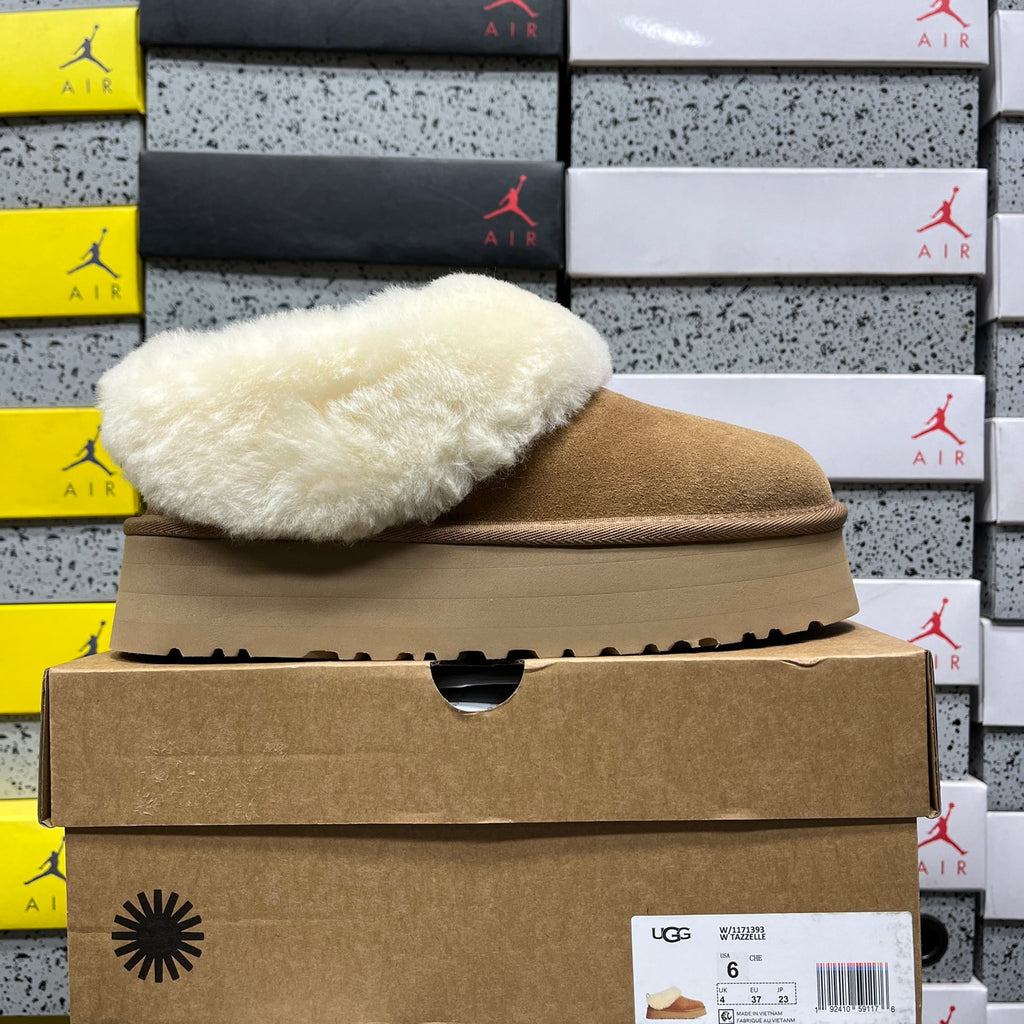 UGG Chestnut Tazzelle Platform Slippers with Cream Plush Collar