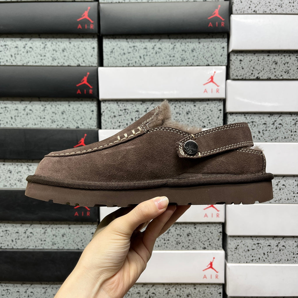 UGG Dark Brown Buckle-Strap Platform Clogs with Plush Lining