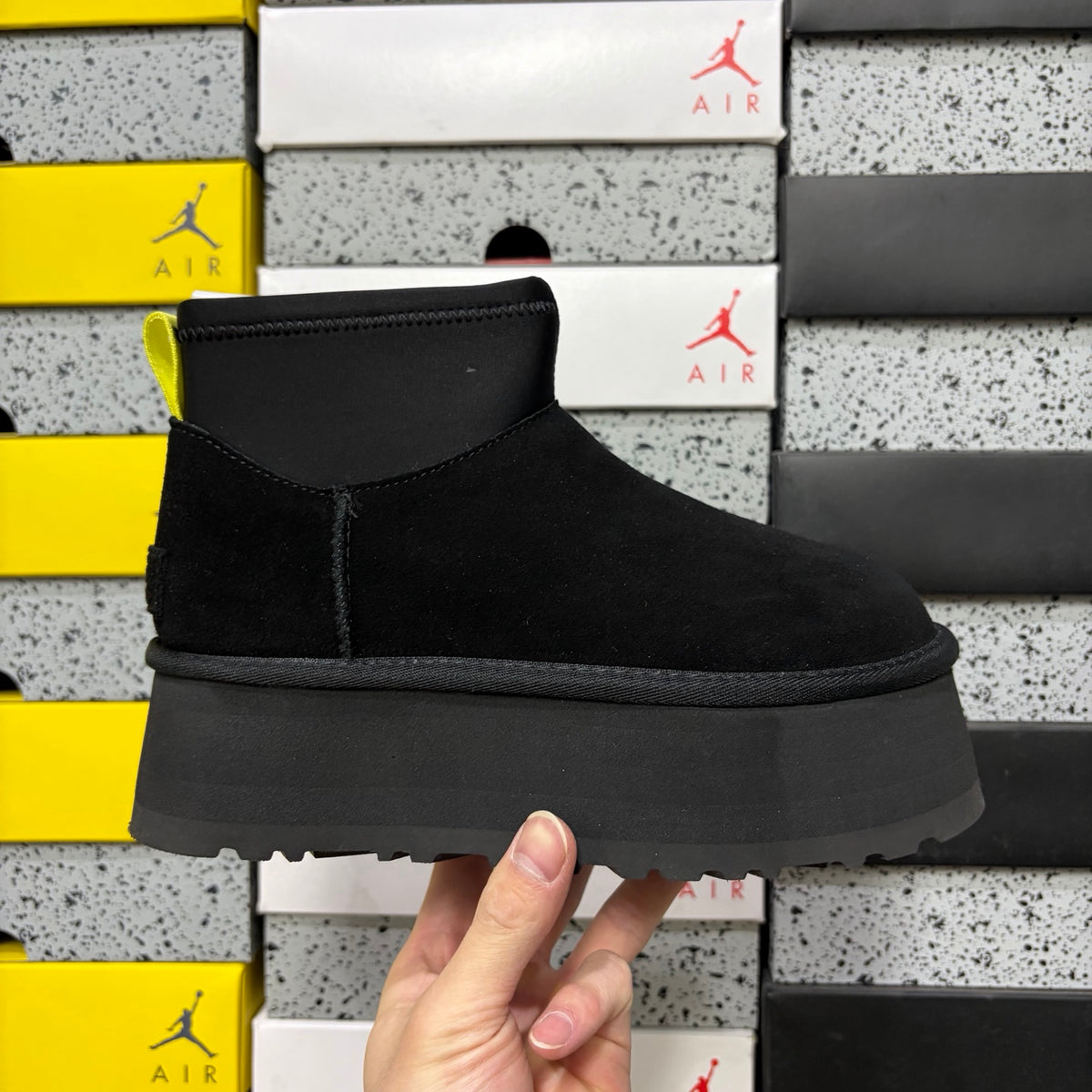 UGG Black Platform Ankle Boots with Neon Yellow Pull Tab