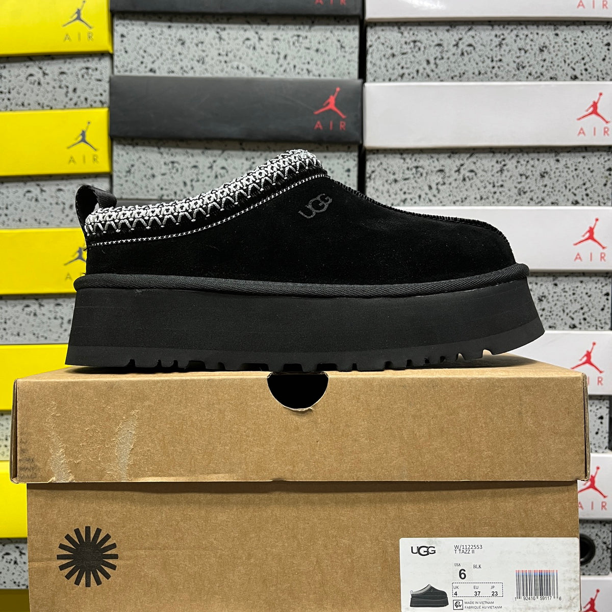 UGG Black Platform Slip-On Shoes with Woven Trim