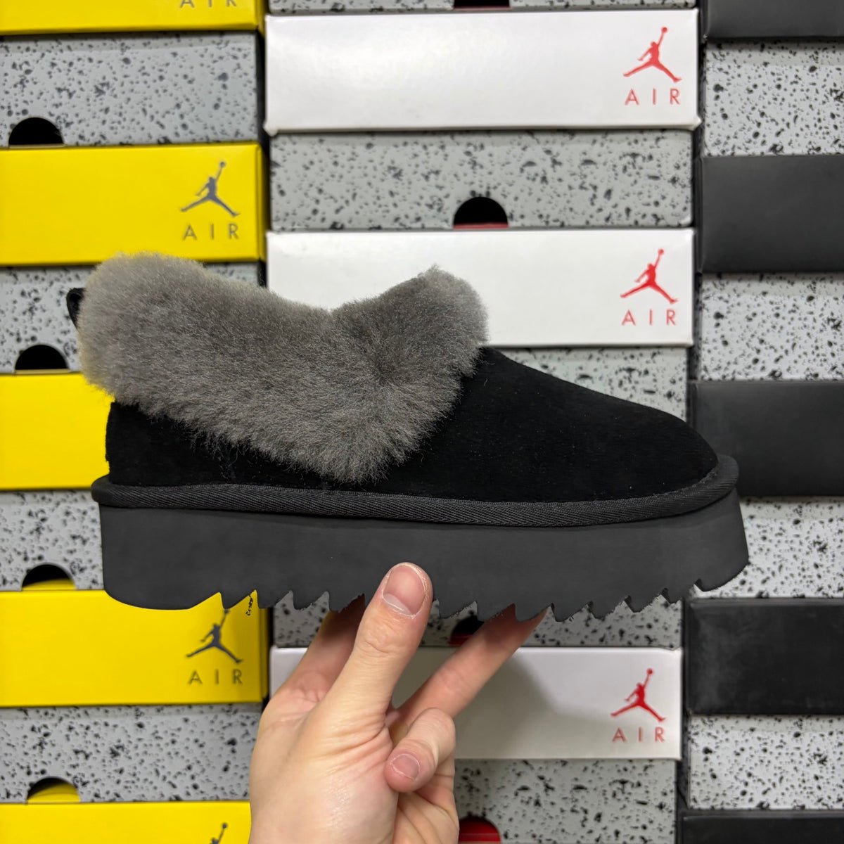 UGG Black Platform Slip-On Shoes with Gray Plush Collar