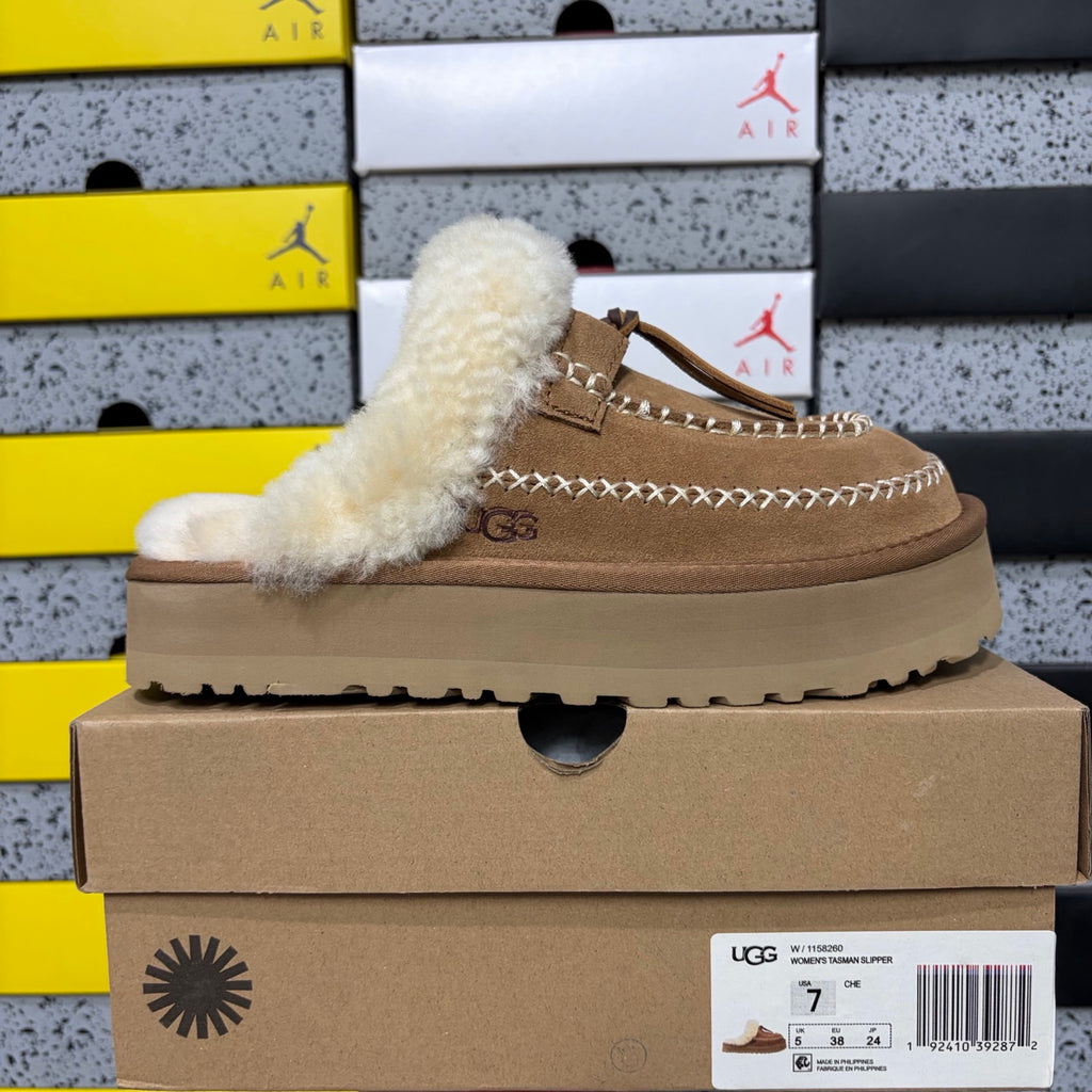 UGG Chestnut Platform Mule Slippers with Cream Plush Collar