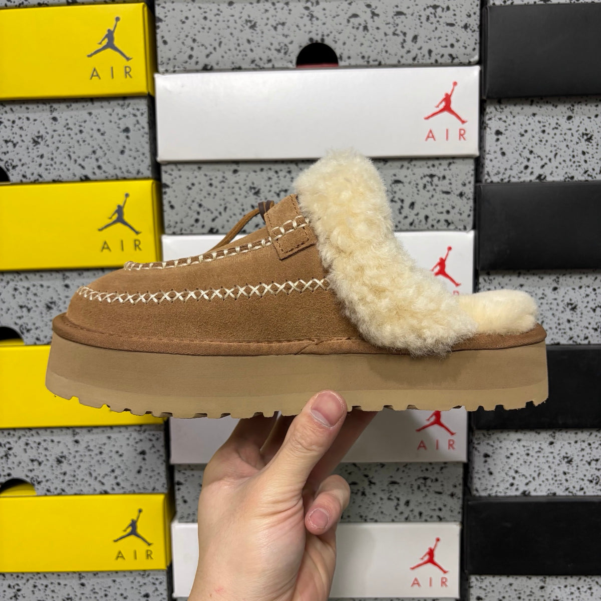 UGG Chestnut Platform Mule Slippers with Cream Plush Collar
