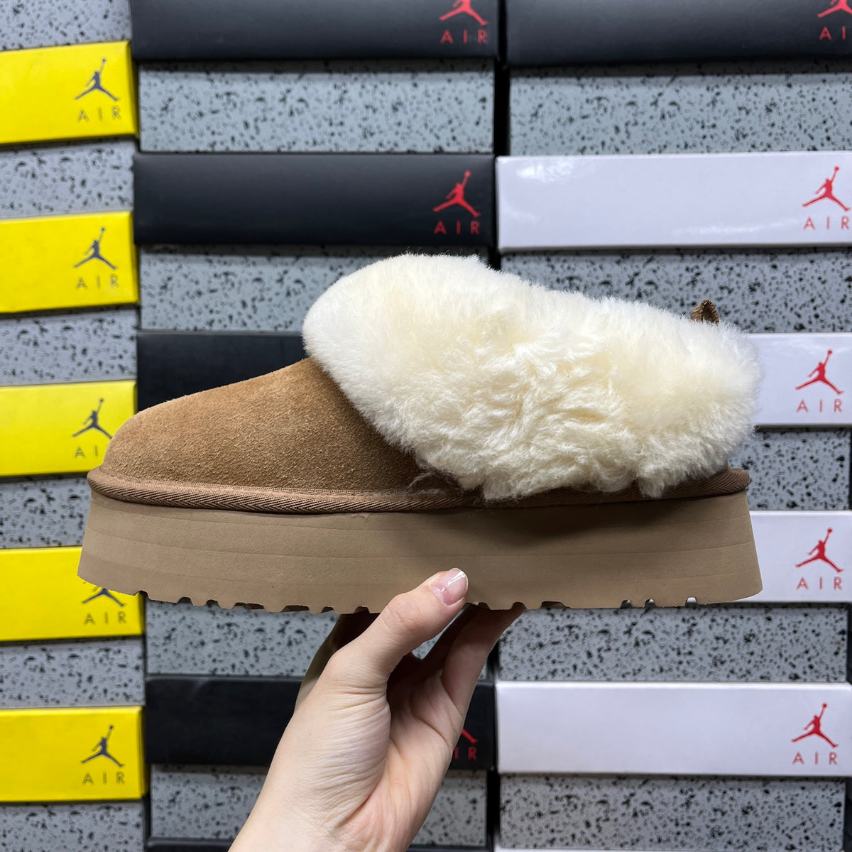 UGG Chestnut Tazzelle Platform Slippers with Cream Plush Collar