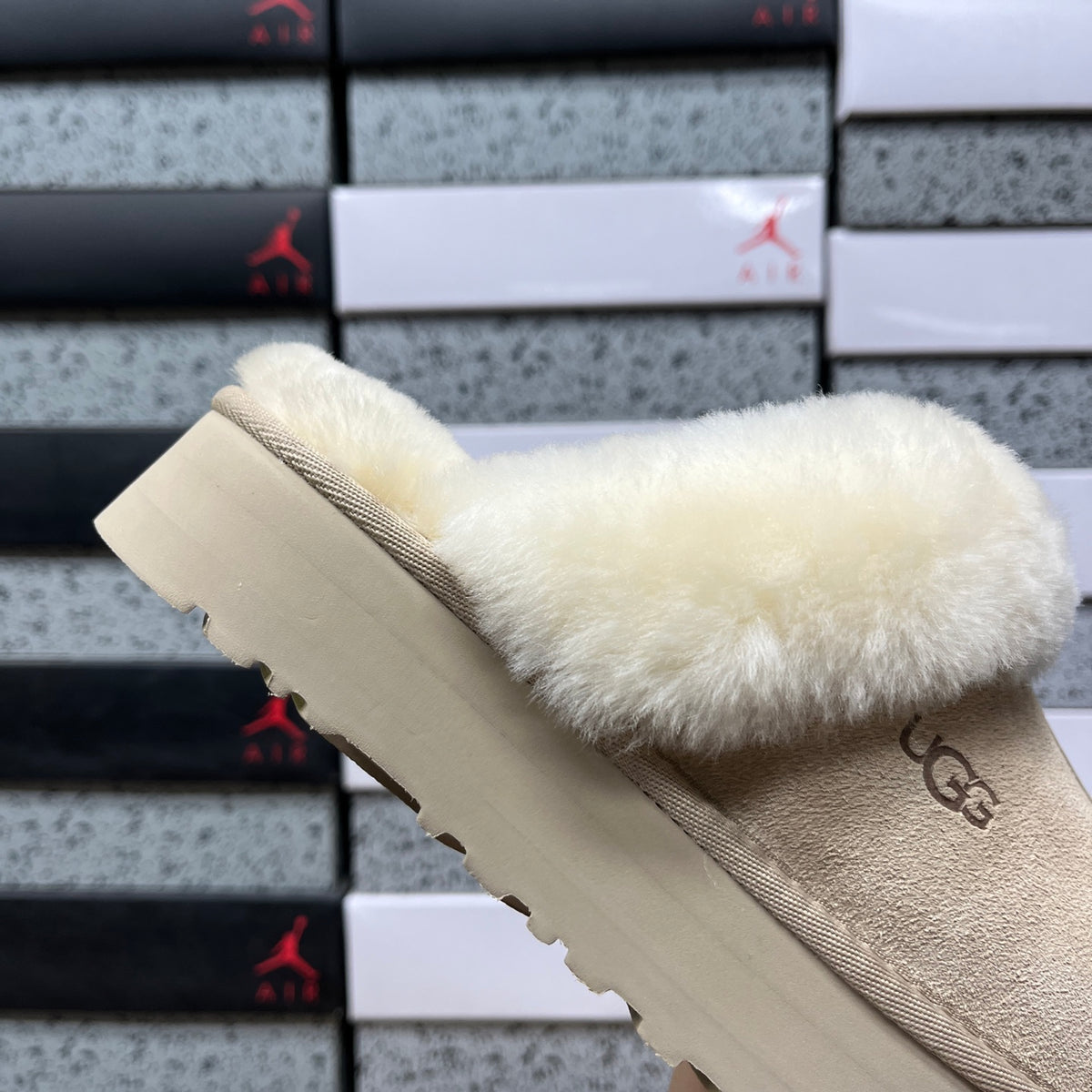 UGG Sand Beige Platform Slippers with Plush Trim