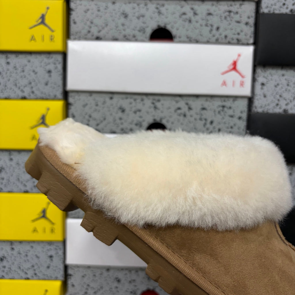 UGG Chestnut Open-Back Slippers with Cream Plush Trim