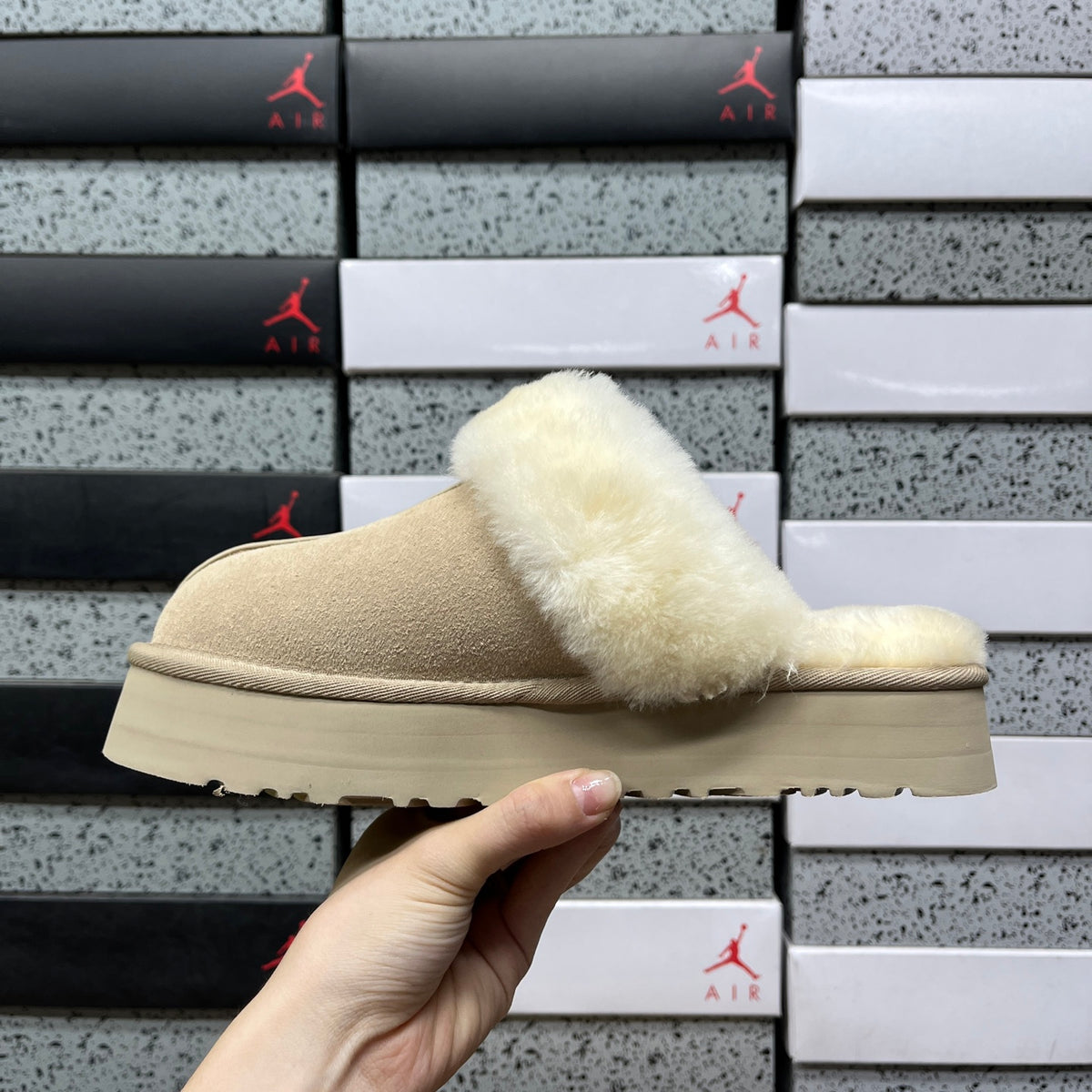 UGG Sand Beige Platform Slippers with Plush Trim