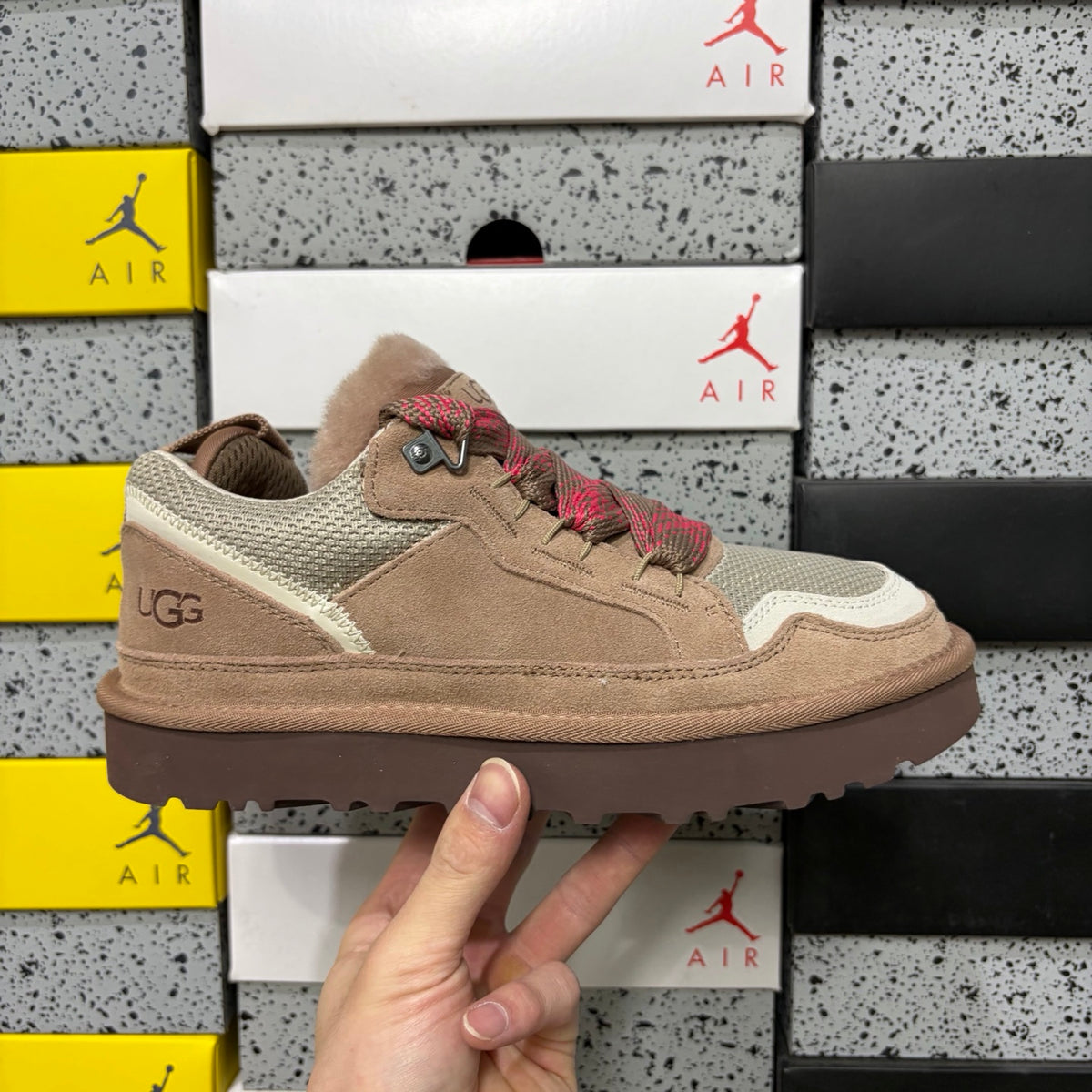 UGG Light Taupe Low-Top Sneakers with Red Patterned Laces