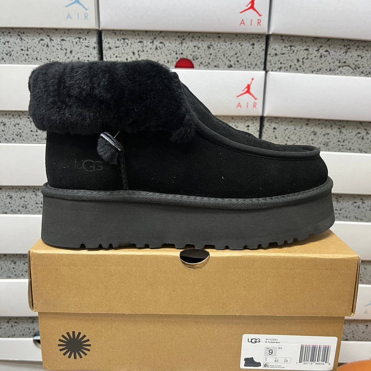 UGG Black Platform Ankle Boots with Plush Collar and Front Zip
