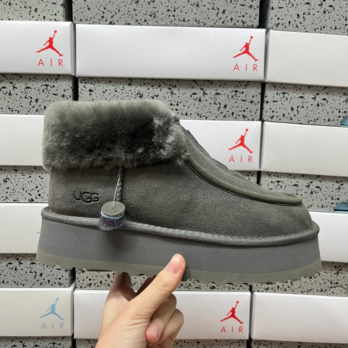 UGG Gray Platform Ankle Boots with Plush Collar and Front Zip