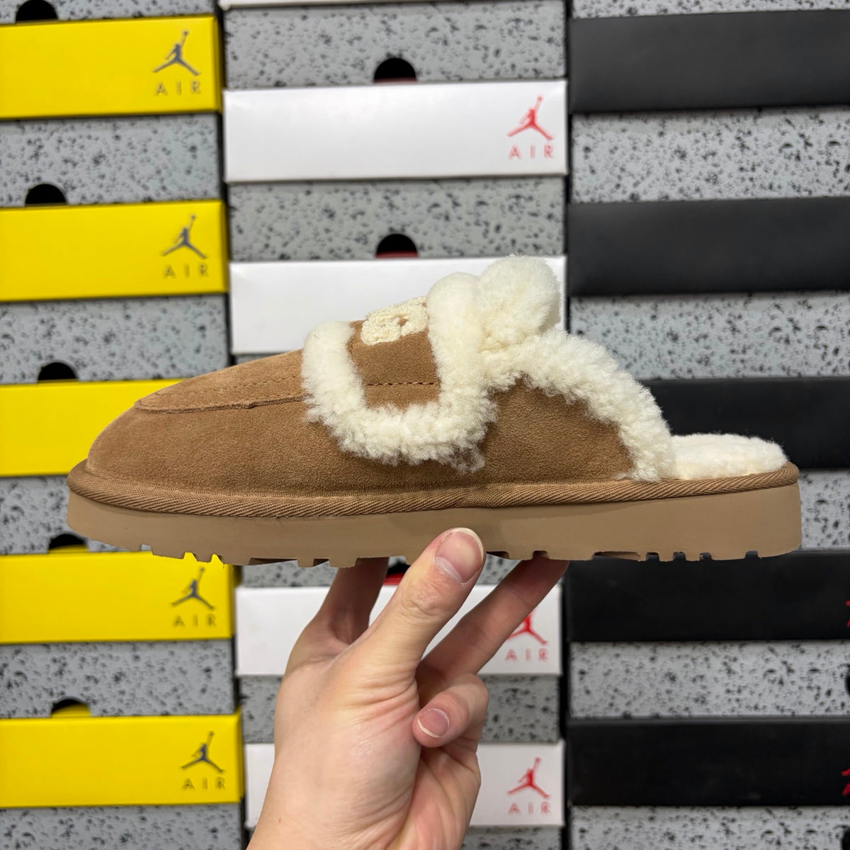 UGG Chestnut Embroidered Mule Slippers with Cream Plush Trim