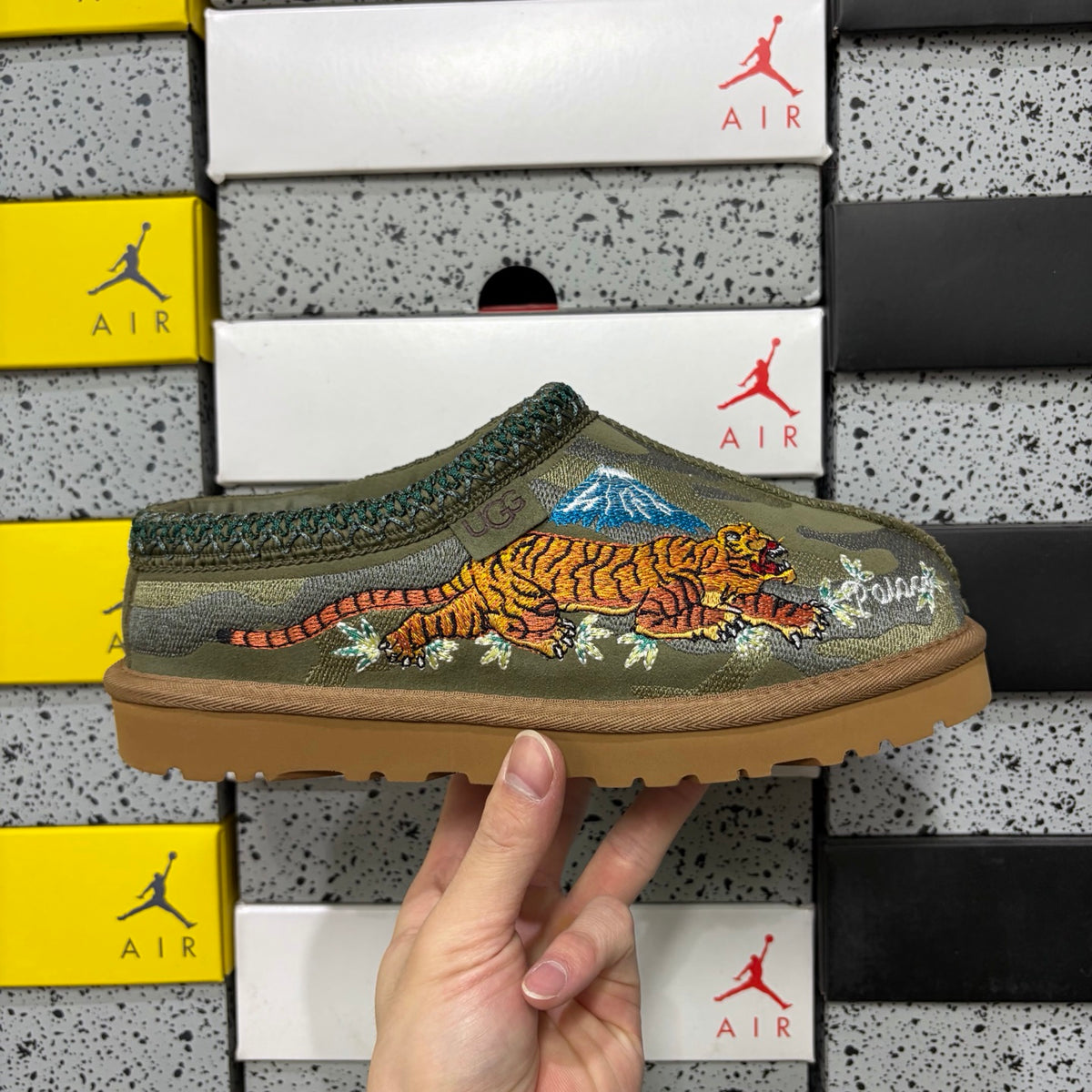 UGG Olive Green Dragon & Tiger Embroidered Slip-On Shoes with Braided Trim