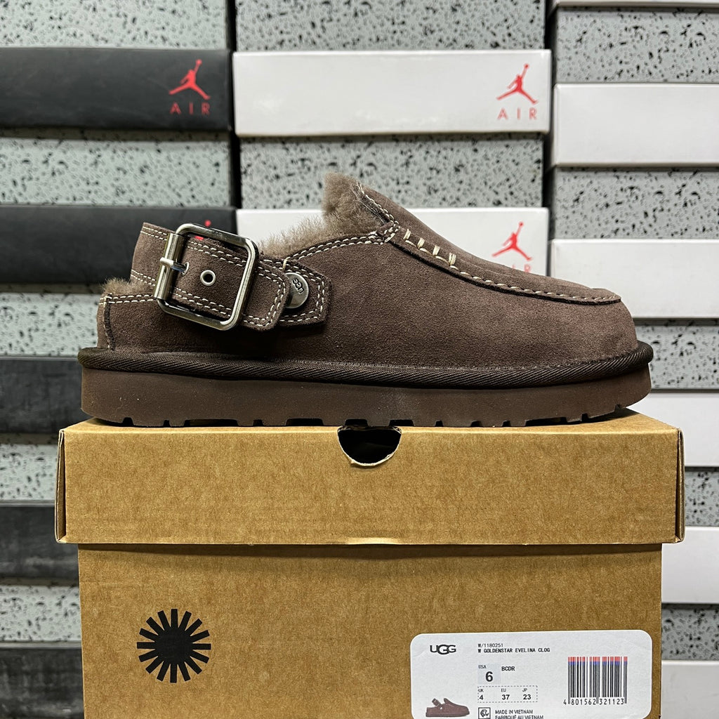 UGG Dark Brown Buckle-Strap Platform Clogs with Plush Lining
