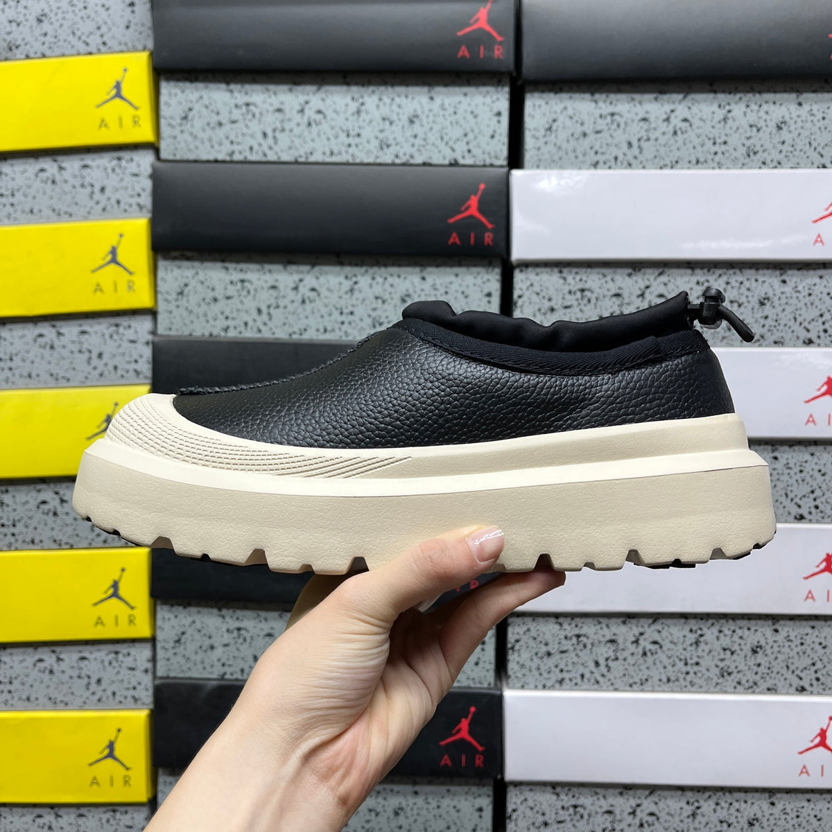 UGG Black Drawstring Slip-On Shoes with Cream Chunky Sole