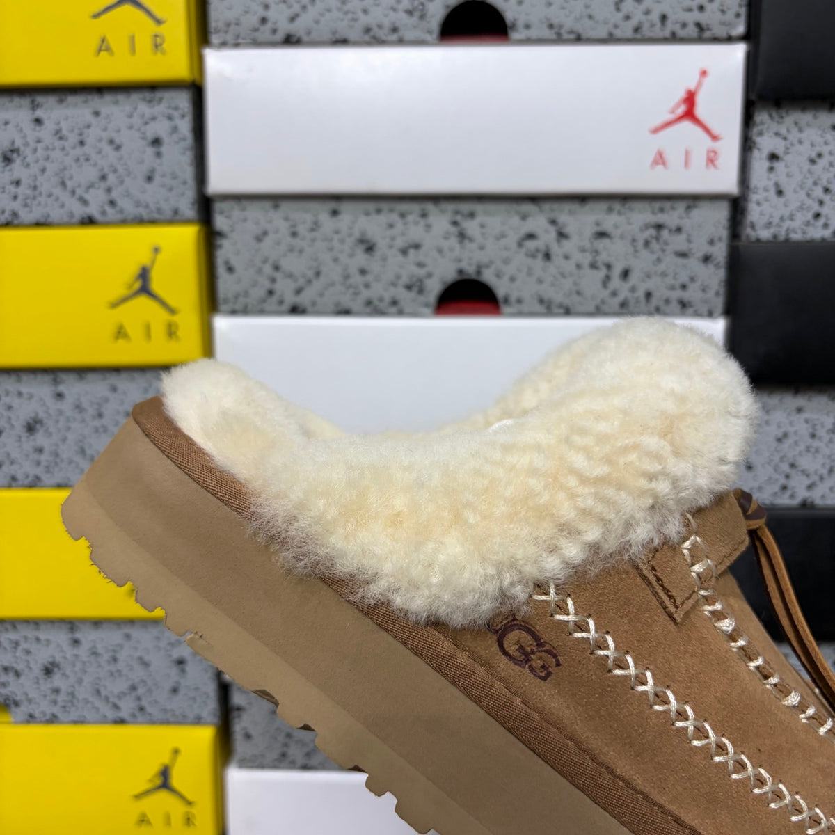 UGG Chestnut Platform Mule Slippers with Cream Plush Collar