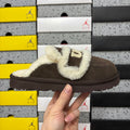 UGG Chocolate Brown Embroidered Mule Slippers with Cream Plush Trim