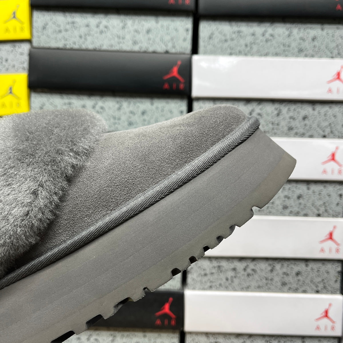 UGG Gray Tazzelle Platform Slippers with Plush Collar