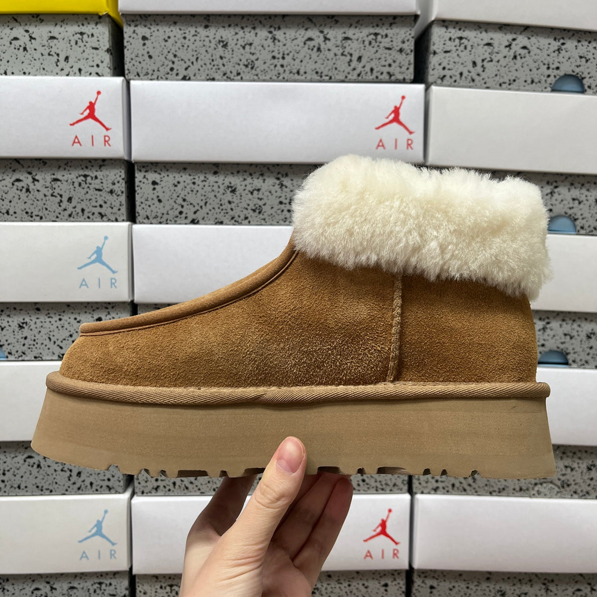 UGG Chestnut Platform Ankle Boots with Cream Plush Collar and Front Zip