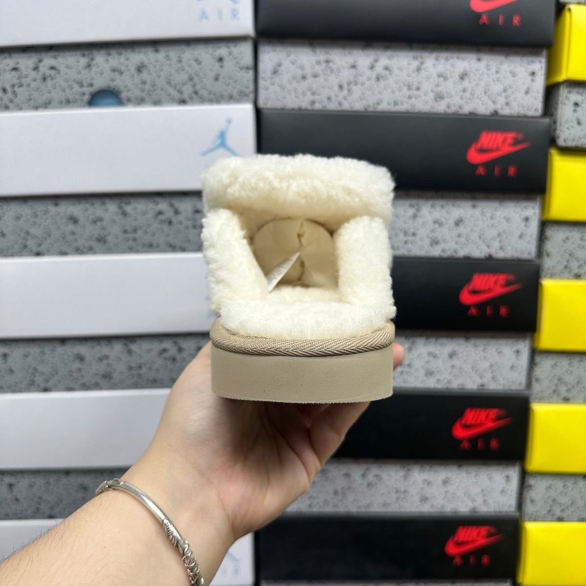 UGG Khaki Embroidered Mule Slippers with Cream Plush Trim