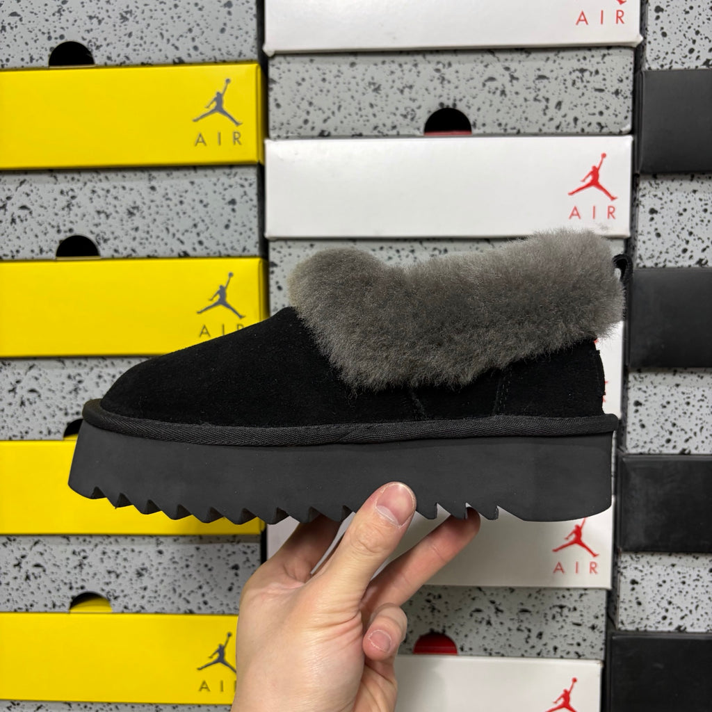UGG Black Platform Slip-On Shoes with Gray Plush Collar