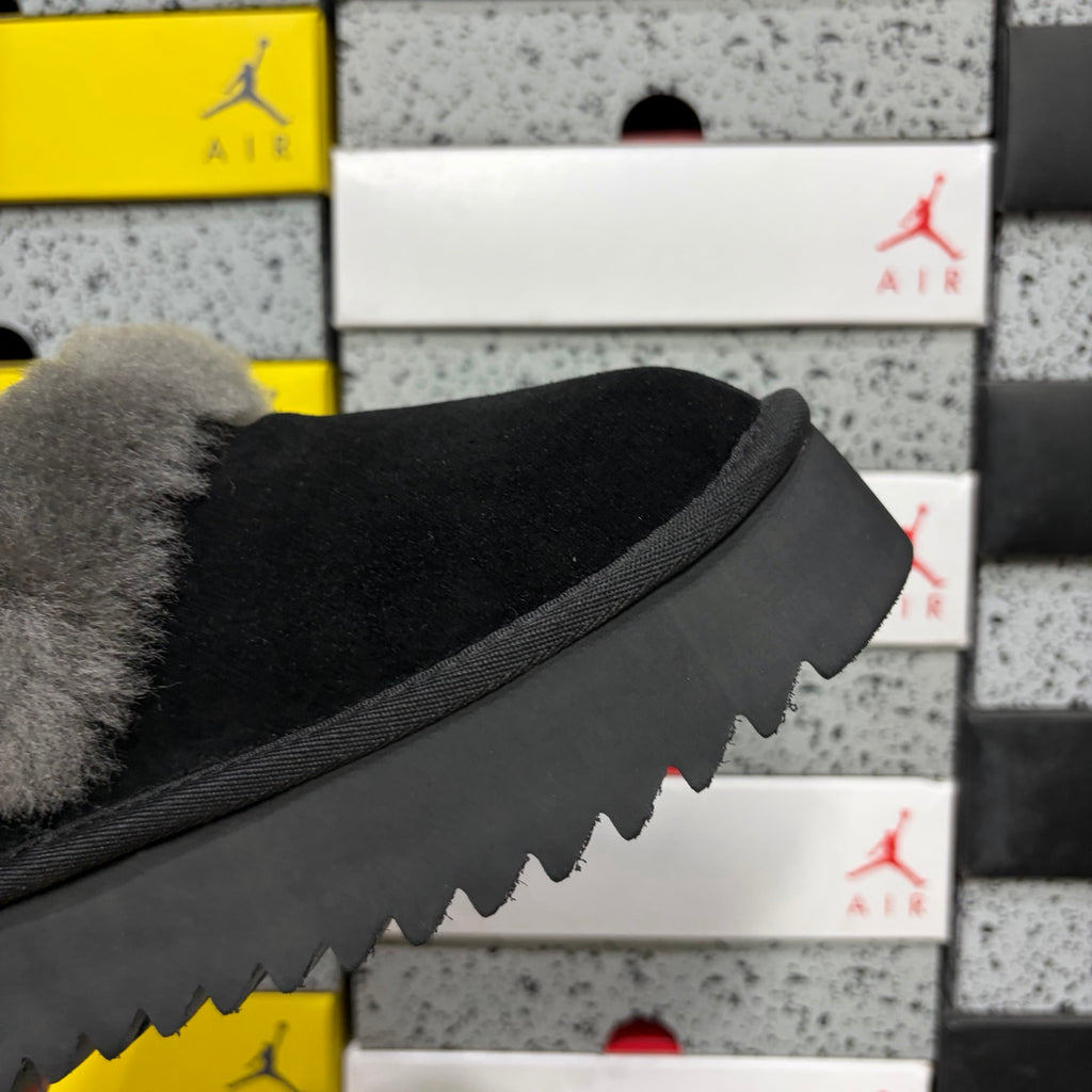 UGG Black Platform Slip-On Shoes with Gray Plush Collar