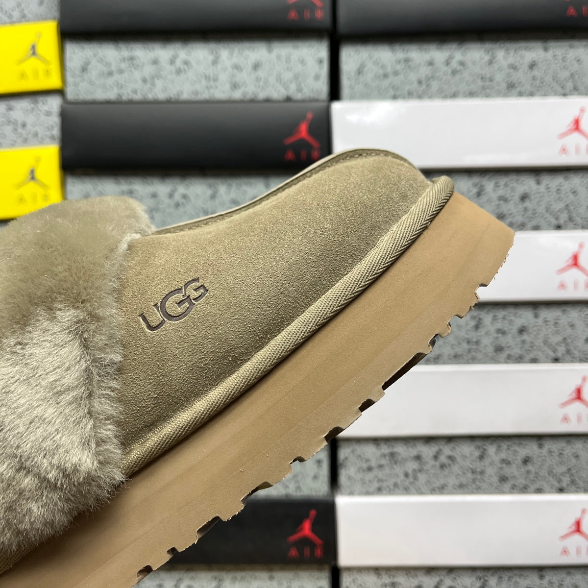 UGG Antelope Brown Platform Slippers with Plush Trim