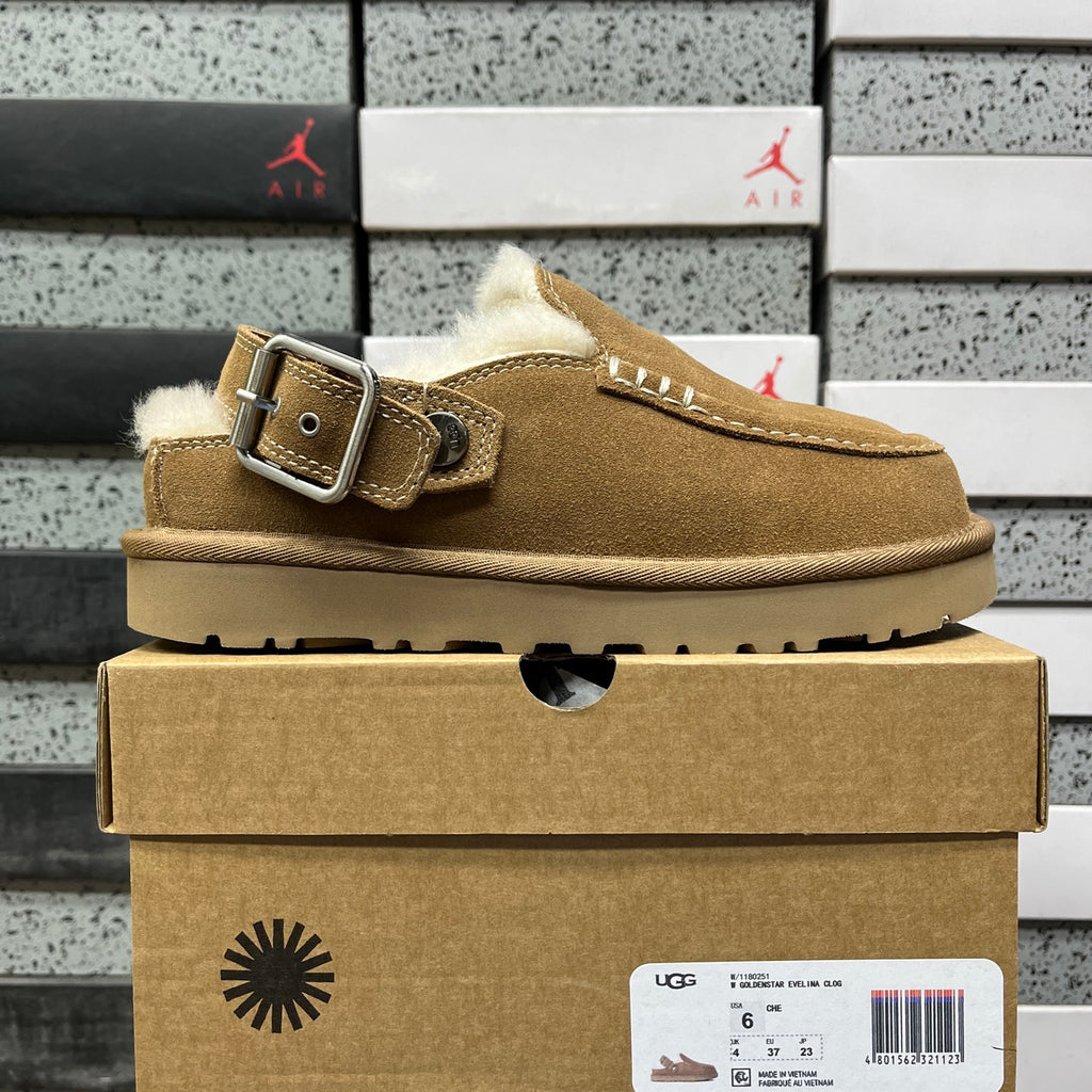 UGG Chestnut Buckle-Strap Platform Clogs with Plush Lining