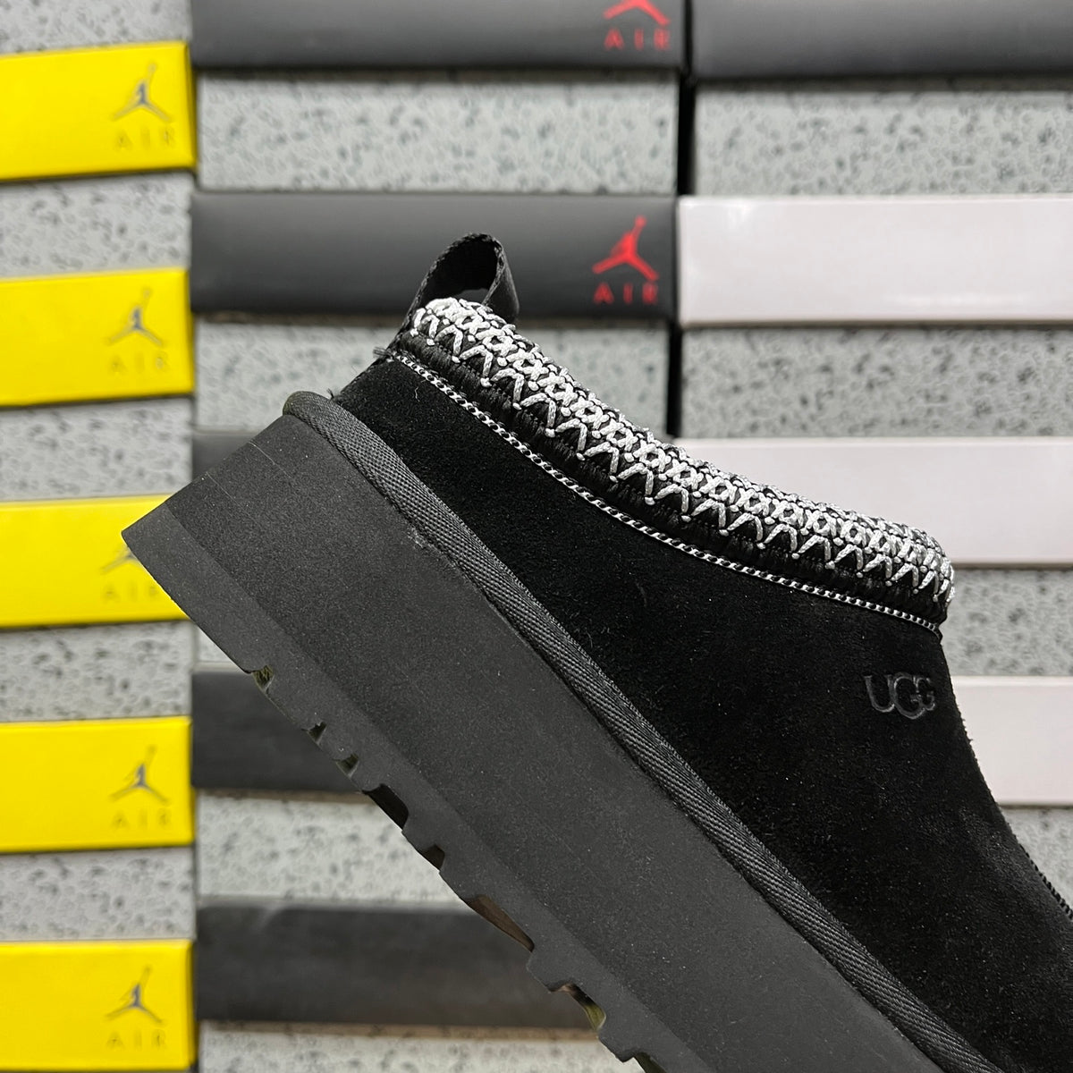 UGG Black Platform Slip-On Shoes with Woven Trim